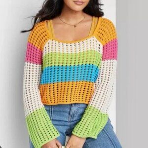 WILD FABLE Crochet Rainbow Sweater Oversized Square Neck Bell Sleeves S